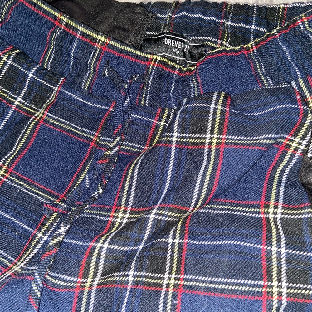 Dark blue white yellow red striped dress pants